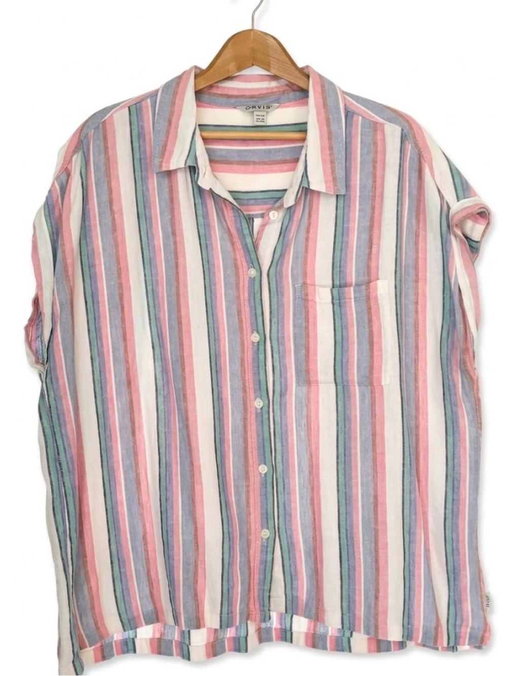 Orvis Classic Linen Rayon Striped Short Sleeve Button Up Top Pastel XL